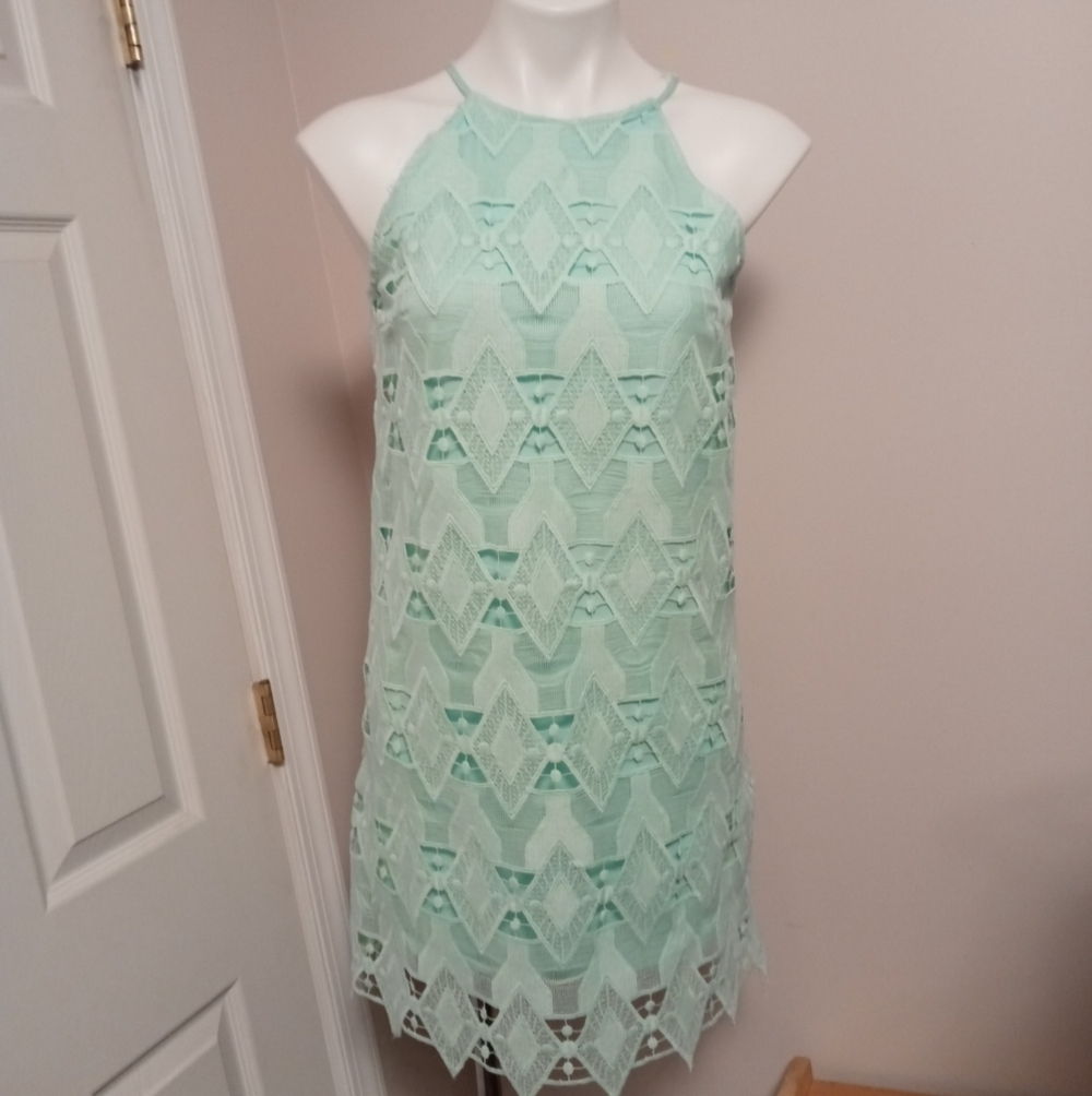 Xhiliration seafoam green lace tank midi dress